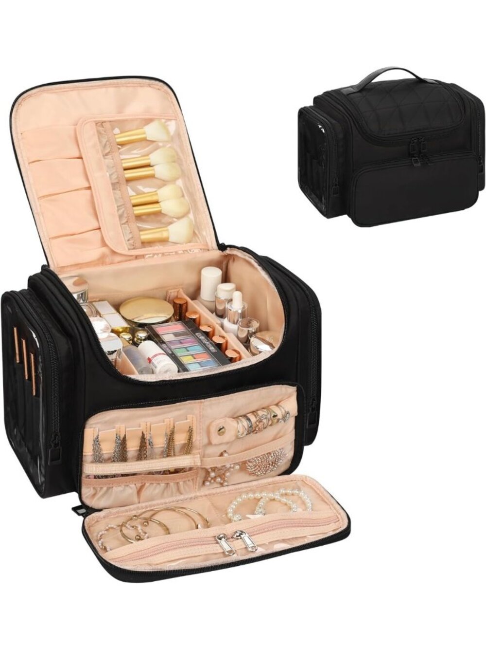 Spacious Makeup & Jewelry Organizer Bag, Travel Toiletry Case, Black
